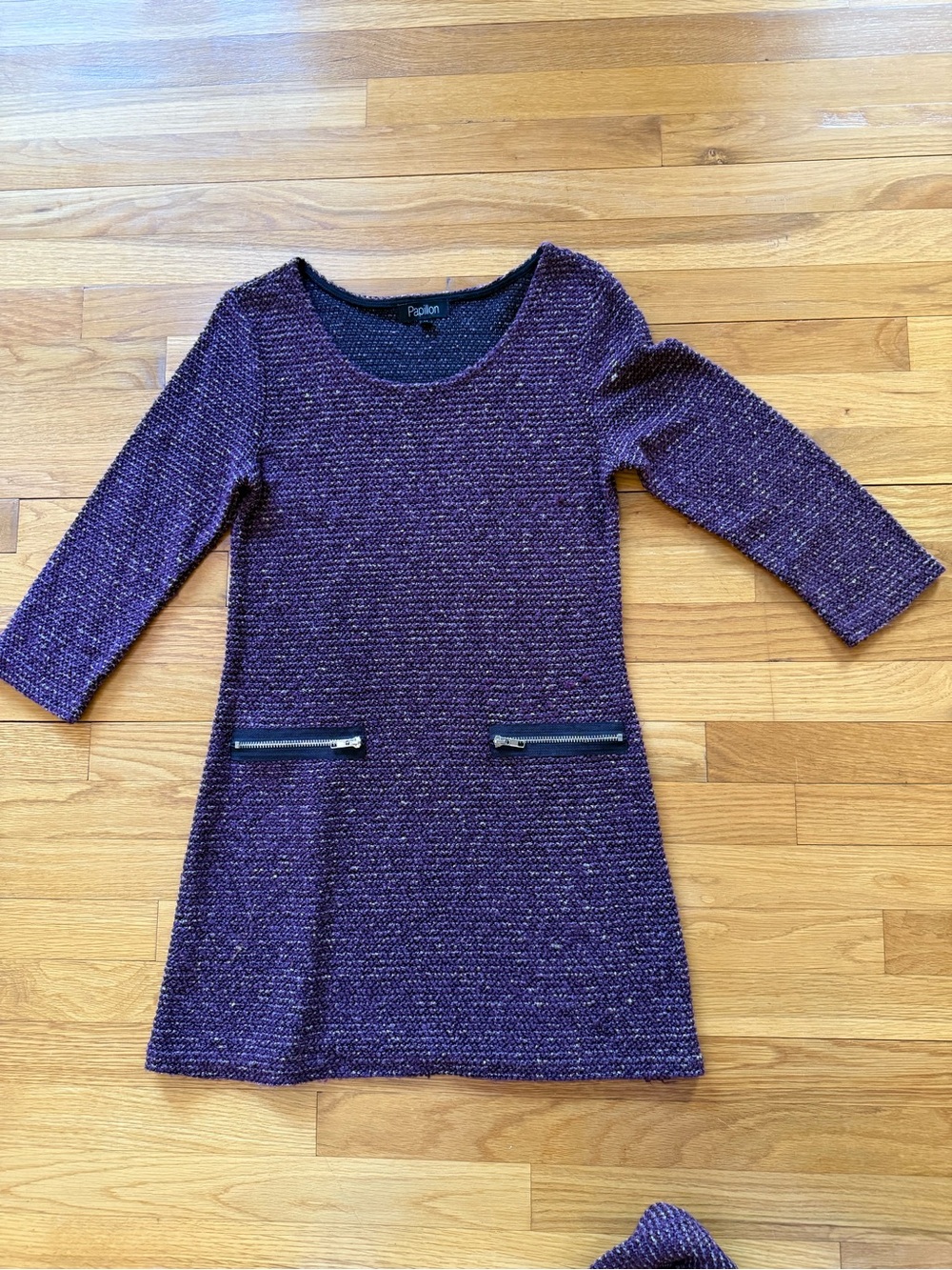 Papillon Blanc Purple Tweed Shift Dress with Front Zipper Accents